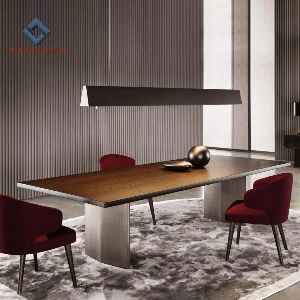 High texture custom solid wood rectangle dining conference table with metal legs