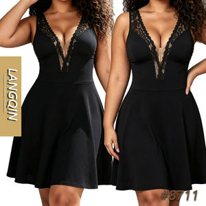 Robe Courte Évasée LANQIN Grande Taille Col V Profond avec Dentelle, Sans Manches, pour Soirée, Cocktail, Club, Femme Ronde, Soutien-Gorge Intégré - Product Image 1