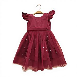 Vestido de Fiesta de Tul con Perlas para Niñas, Estilo Shoryam, Completamente Cosido, Hasta la Rodilla, para Cumpleaños, Bodas y Ocasiones Festivas, Color Rojo - Product Image 1