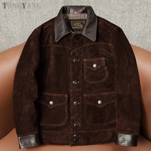 TONGYANG Giacca Classica Vintage in Vera <span class=keywords><strong>Pelle</strong></span> per <span class=keywords><strong>Uomo</strong></span>, Stile Americano Retrò, Giacca in <span class=keywords><strong>Pelle</strong></span> Scamosciata con Colletto, <span class=keywords><strong>Cappotto</strong></span> Corto in Vera <span class=keywords><strong>Pelle</strong></span> Bovina - Product Image 1
