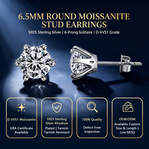 Boucles <span class=keywords><strong>d</strong></span>'oreilles classiques en argent sterling 925, 6,5 mm, 1 carat, couleur <span class=keywords><strong>D</strong></span>, VVS, moissanite <span class=keywords><strong>ronde</strong></span> taille brillant, pour hommes et femmes, vente en gros de bijoux - Product Image 1