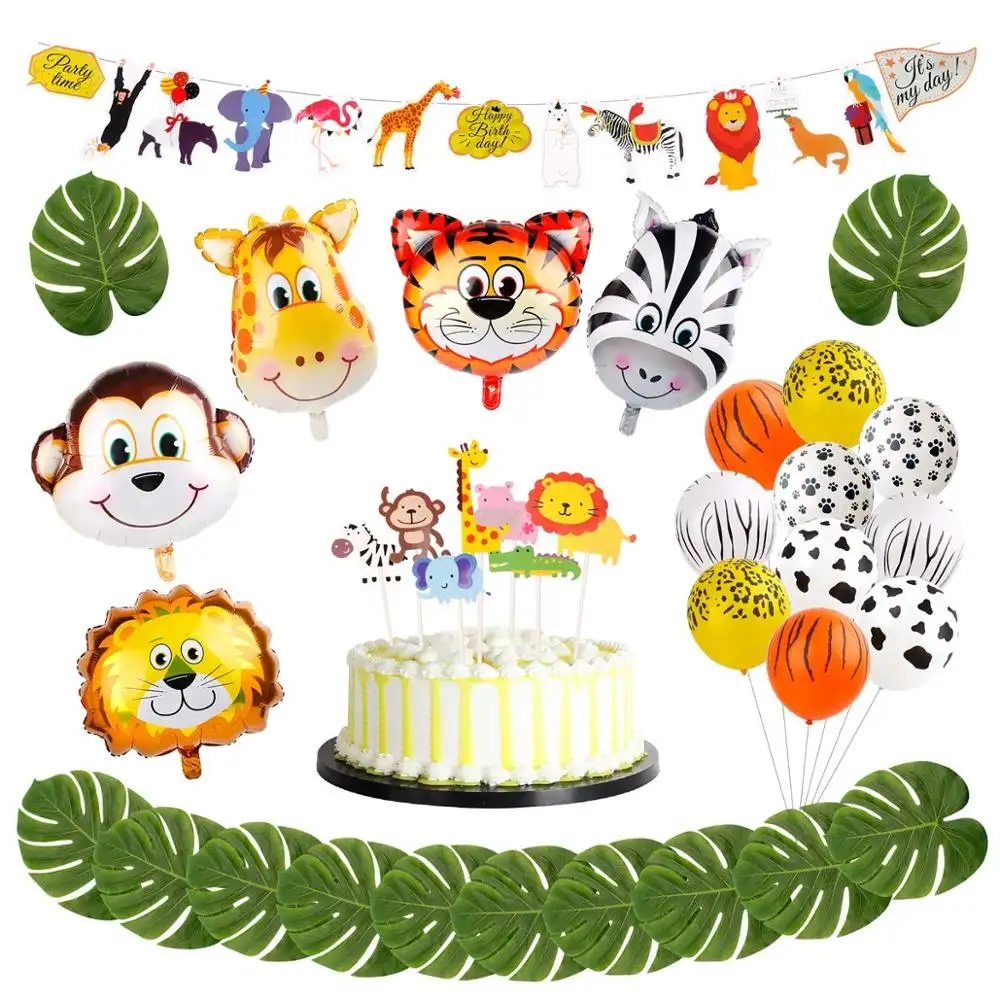 Partycool 29pcs Jungle Theme Party Decorations Animal Head Balloons Latex Print Balloon Safari Baby Shower Party Decor
