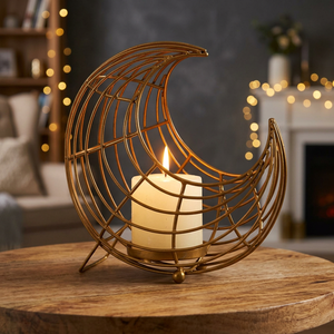 Portavelas de Metal con forma de luna de latón AK en acentos decorativos con acabado dorado para acentos de decoración de mesa/Decoración de Hotel - Product Image 1