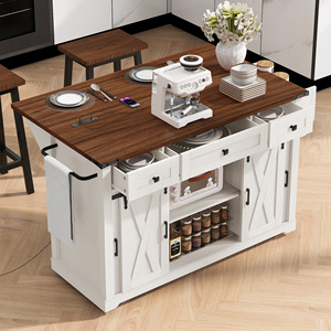 K&K 58 Inch Farmhouse Kitchen Island With <b>Sliding</b> <b>Barn</b> <b>Door</b> Metal Grid Side <b>Door</b> Rolling On Wheels - Product Image 3