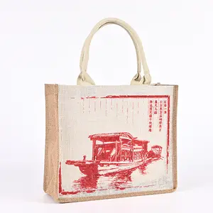 2024 Chinese simple women's yellow linen tote bag trend landscape art handheld snack bag