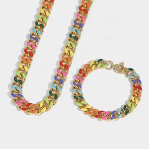 Комплект в стиле хип-хоп в Кубинском стиле большая толстая цепочка ожерелье контрастного цвета с цветными стежками капель глазурь браслет комплект ювелирных изделий