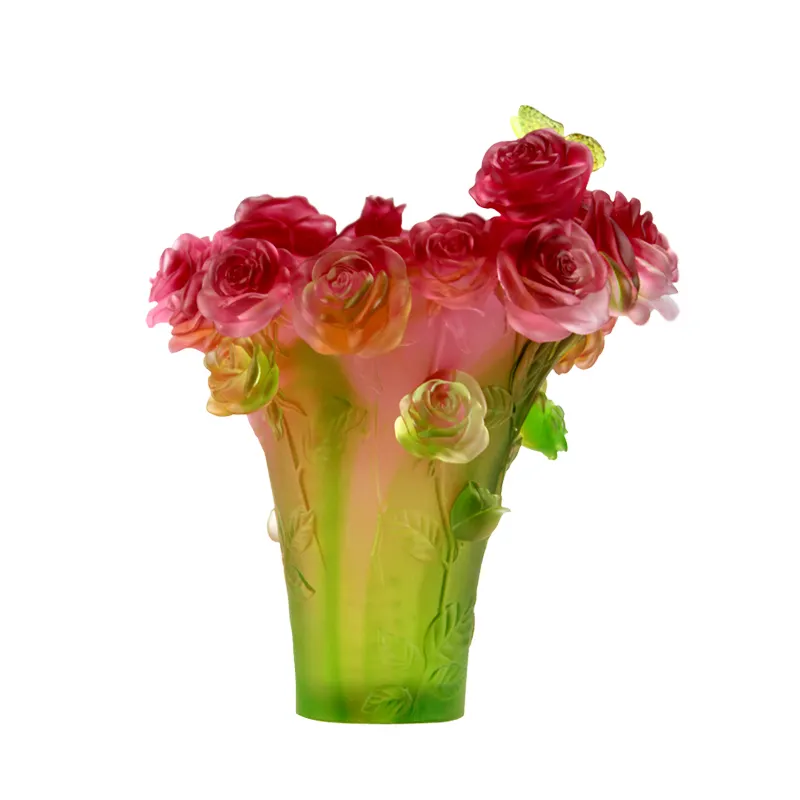 Fengming Chinese Folk Liuli Crafts Butterfly Rose Vase Home Decoration Crystal Art Ornament