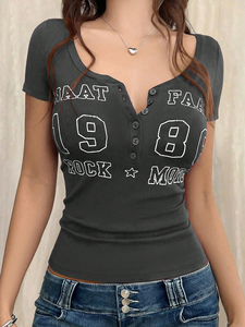 Camiseta Henley Negra Vintage para Mujer, Estampado de Letras <span class=keywords><strong>1986</strong></span>, Cierre de Botones, Manga Corta, Corte Ajustado, Superventas - Product Image 4