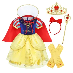 Bambine Elsa Snow White Princess Costume Dress Birthday Theme Party Halloween Cosplay outfit con fascia rossa Bowknot