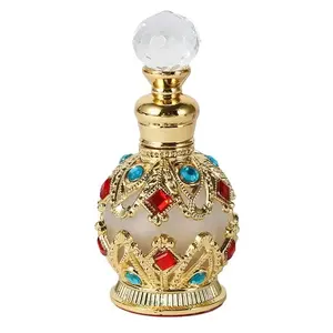 Penjualan terlaris desain 15ml Dubai gaya Arab logam emas Attar minyak esensial parfum botol kaca dengan tongkat kaca grosir