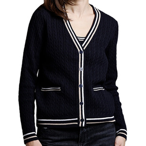 Cardigan en tricot 100 % coton pour <span class=keywords><strong>femme</strong></span>, personnalisé, col en V, boutonné, maille torsadée, haute qualité 12GG, collection Printemps-Automne, OEM, vente en gros - Product Image 1