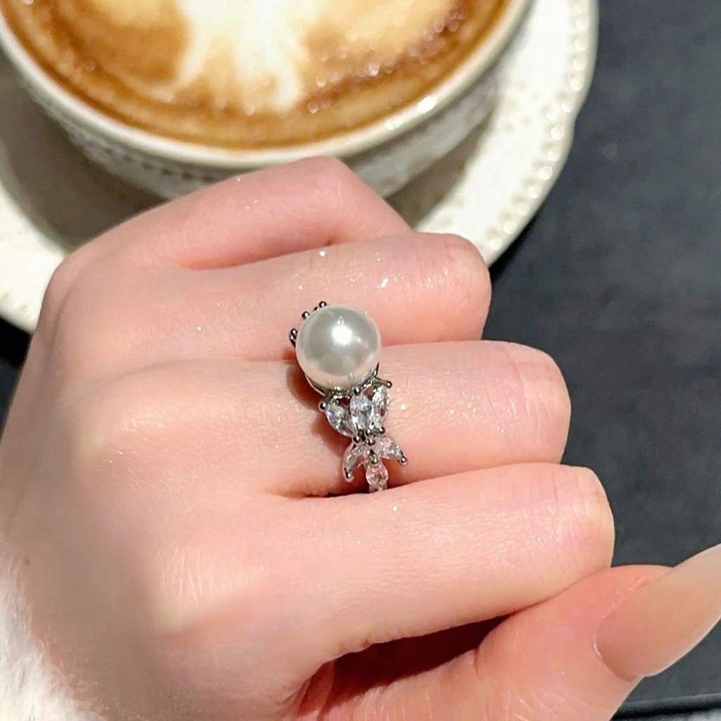 Anello con perla artificiale a forma di conchiglia, zircone petalo, colore platino 3238nv-s