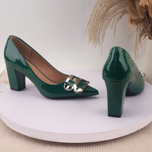 Ingrosso Fabbrica 2026 Nuove Scarpe da Donna Verde Scuro Taglie Forti con Tacco Alto, Tacco Grosso con Fibbia Metallica Grande, Scarpe da Donna per Ufficio e Lavoro - Product Image 2