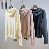 Pull en tricot à capuche à manches longues pour femme avec broderie de chaîne de perles, un pull en laine tricoté ample et tendance