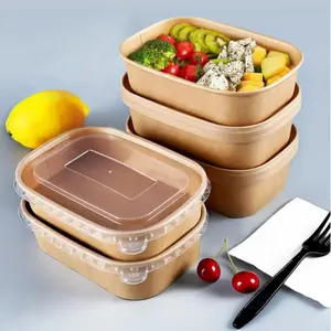 Alta Qualidade Descartável Caixa De Embalagem De Alimentos Eco Descartável Brown Kraft Rectangular Craft Paper Bowl Impermeável Salad Bowl