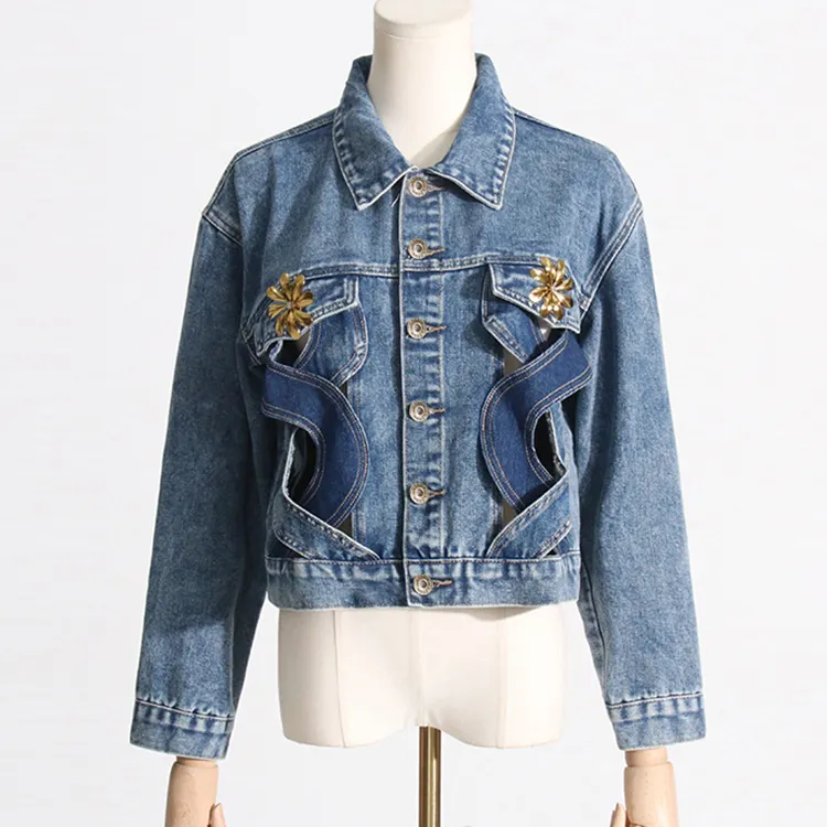 Streetwear vintage pour femmes, chemise en jean délavée avec pierre, veste en jean avec broche