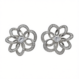 Orecchini di Diamanti Bianchi Champagne E3404, Lussuosi Orecchini da Sposa in Oro Bianco con Taglio Brillante Rotondo, Diamanti Naturali Certificati GIA - Product Image 1