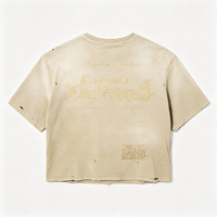 T-shirt en coton beige épais délavé style vintage avec trous usés, effet soleil décoloré, collection été 2026, streetwear, best-seller