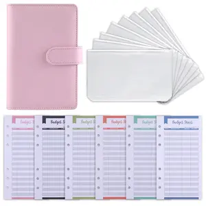 Caderno de couro sintético PU A6 para planejador de orçamento de designer com envelopes com zíper, sistema de orçamento, caderno para fazer orçamentos no atacado