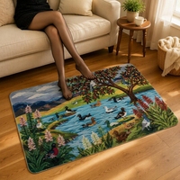 Tapis moderne en velours synthétique imprimé paysage pastoral avec bassin de canards et animaux, fabriqué à la machine en polyester, pour salon et chambre à coucher