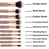 Pinceaux de maquillage vegan de haute qualité, manche scintillant rose doré, strass, ensemble de 10 pinceaux de maquillage avec sac