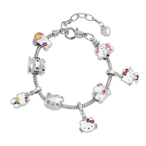 Pulsera italiana hecha a mano con abalorio para niñas, bonito diseño de gato y mamá con chapado en plata, joyería de moda para fiestas y regalos