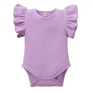 Летняя футболка с короткими рукавами, Одежда для новорожденных, для младенцев, для малышей фиолетового цвета, для детей от 2 слоя из хлопка для малышей с оборками и с рукавами-крылышками Детский комбинезон на возраст от 0 до 24 месяцев