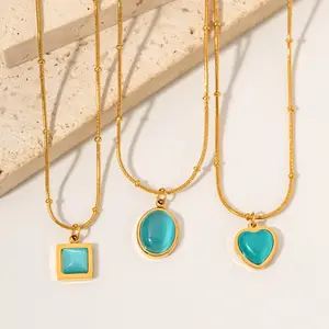 Classic Oval Gemstone Charm Necklace Blue Cat Eye Stone Heat 18k Gold Plated Stainless Steel Jewelry Pendant Necklace for Gifts