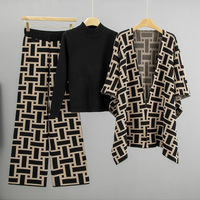 Ensemble de chandails décontractés pour femmes d'hiver, motif géométrique, design de châle haut de gamme, nouveau pantalon tricoté tendance, ensemble trois pièces