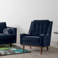Fauteuil d'appoint Super Blue Velvet, style Mid-Century Modern, dossier haut, en tissu, pieds en bois, pour appartement, villa, salon, entrepôt, hôpital
