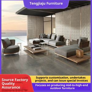 Ensemble de canapés de cour extérieure, style nordique, villa, hôtel, mobilier de jardin, bois massif, imperméable, protection solaire, tissage de vigne, canapé en teck - Product Image 2