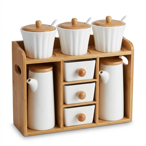 Ingrosso su misura 8 pz bottiglia di condimento alla rinfusa organizzatore di erbe in <span class=keywords><strong>ceramica</strong></span> bianca Set di barattoli di <span class=keywords><strong>spezie</strong></span> con coperchio e scaffale - Product Image 2