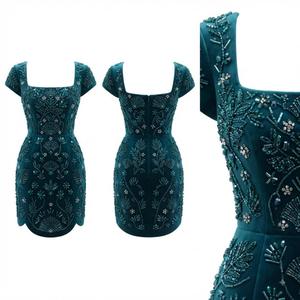 Robe de cocktail Art Déco vert sarcelle, élégante pour soirée, tenue de luxe de créateur, courte et ornée - Product Image 2