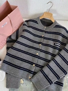 SUHE Women's Korean Gray Striped Wool/Nylon Single Breasted Knit <b>Cardigan</b> <b>Sweater</b> Front Chic Casual Outerwear Autumn Winter - Product Image 4