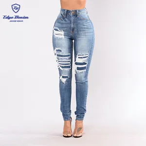 El último diseño de longitud completa azul medio arrancó suavizante damas alta cintura Vaqueros skinny