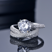 Conjunto de anel de prata, branco, corte redondo, diamante trio, banda de casamento, conjuntos de luxo na moda