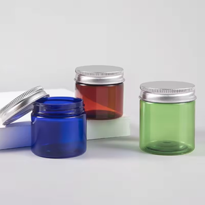 <b>Blue</b> Green Amber Plastic Cosmetic Jars With Aluminum Screw Top Lid Cylinder Shape PET Material - Product Image 1