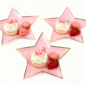 Assiettes en papier jetables compostables de luxe en gros, forme étoile, dorées, roses, finition brillante/mate, personnalisables pour biscuits et salades - Product Image 1
