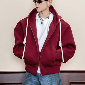 Sudadera CON CAPUCHA DE Color sólido trenzado hecho a mano con cordón de primavera para <span class=keywords><strong>hombre</strong></span> 500G chaqueta suelta con cremallera completa de peso pesado sudaderas con capucha - Product Image 1