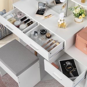 DB FCH Juego de tocador de maquillaje blanco con espejo iluminado, 5 bombillas, 2 estantes, muebles de dormitorio de diseño moderno - Product Image 4