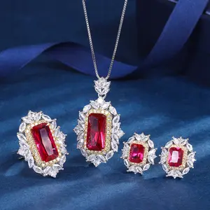 Custom High Quality Brass Rectangle Red Corundum Inlay Diamond Zircon Necklace Ring Earrings Set Wedding Women Fine Jewelry Set