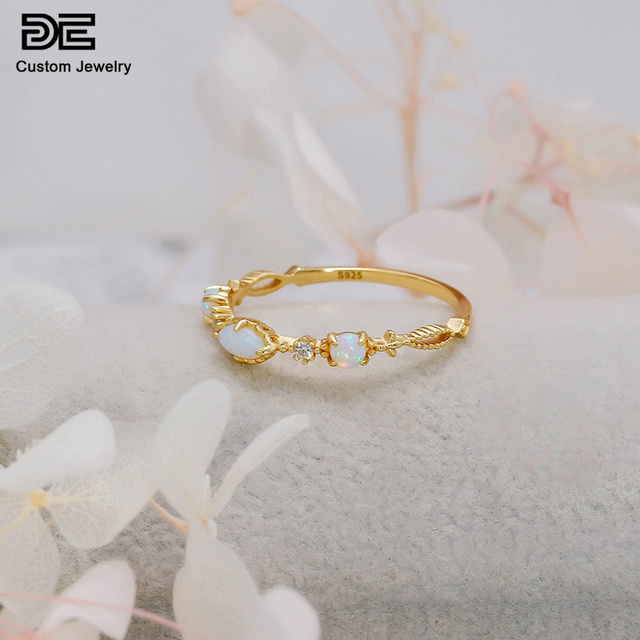 DE Minimalist Elegant Natural Opal Gemstone Fine Ring 925 Sterling Silver 14K Gold Plated Jewelry for Women Engagement Rings