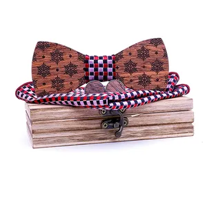 Nœud papillon en bois fait à la main et mouchoir, ensemble cadeau pour hommes, cravates en gros, nœud papillon en bois