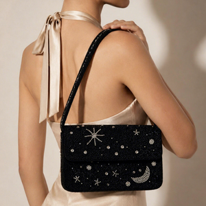 Handmade Black Saddle Shape <b>Handbag</b> Star Moon Embroidery Glass Beads Polyester Washable <b>Wedding</b> Party Application - Product Image 3