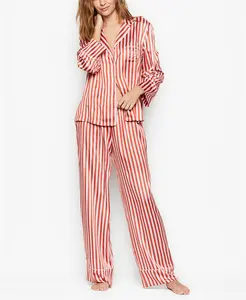 2022 Vrouwen Dames Sexy Satijn Zijde Pyjama Sets Lange Mouw Rode En Witte Streep Satijn Nachtkleding Vrouwen Nachtkleding Pyjama