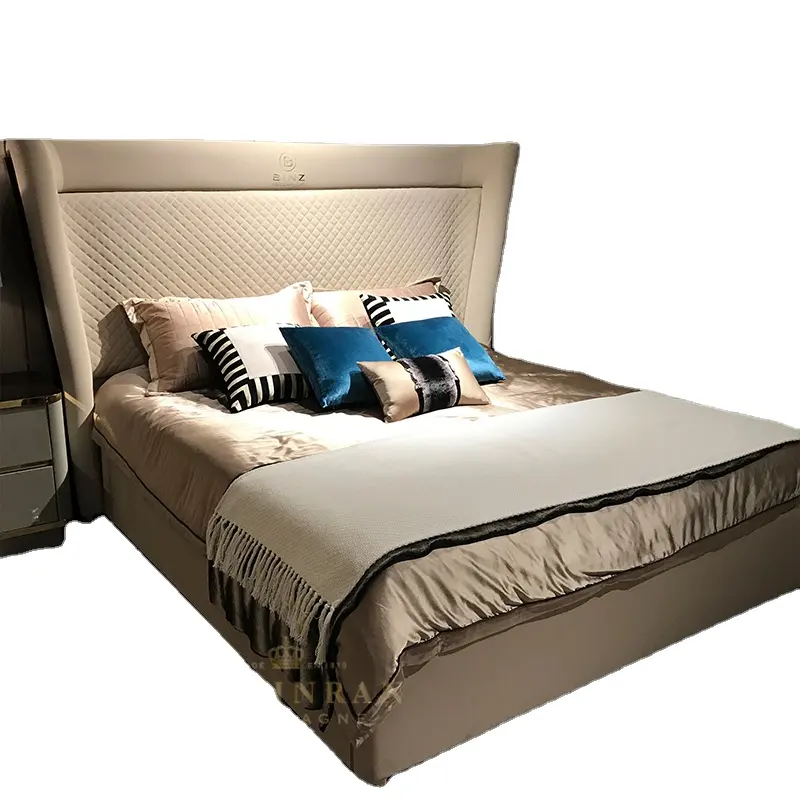 Son İtalyan modern kral kraliçe boyutu üst sınıf inek derisi hakiki deri yatak tasarımları lüks yatak odası deri yatak