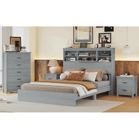 Design élégant Vintage gris clair 4 pièces ensemble de chambre à coucher Queen Size avec 2 tables de chevet 1 cadre de lit de commode finition de haute qualité durable