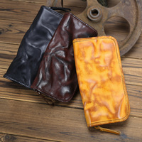 Dompet Kulit Asli Vintage Kustom Unisex dengan Ritsleting, Kulit Sapi Tahan Lama, Buatan Tangan, Model Panjang, untuk Bisnis Kasual
