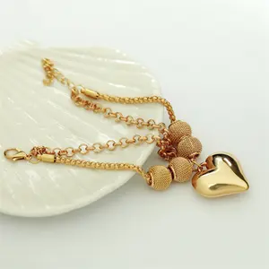 Exquisite Jewelry Gift Fashion Layered Gold Chain Round Brass Beads Bracelet for Women Girls With Smooth Love Heart Charm