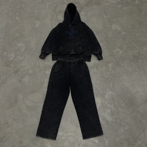 Bộ đồ thể thao nam size lớn, quần ống rộng thêu logo, chất liệu denim xước, kiểu vintage, 480 gsm, sản xuất theo yêu cầu. - Product Image 2